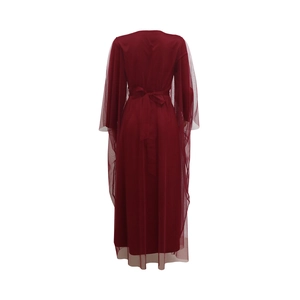 Rear view of wine red V-neck mesh dress featuring tiered layers and adjustable waist tie