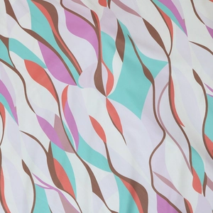 Detailed view of lightweight printed fabric with artistic purple and coral wavy leaf patterns