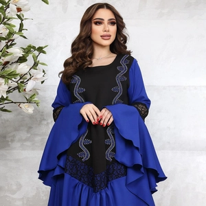 Elegant Abaya dress with sequined blue patterns, lace ruffles, and tiered bell sleeves
