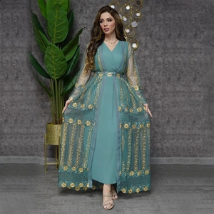 Elegantes türkis-goldenes Kaftan-Set mit Blumenstickerei und Chiffon-Maxikleid