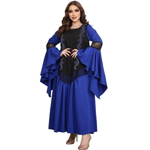 Navy blue rhinestone kaftan dress with tiered lace flare sleeves and beaded front detail