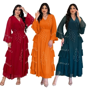 Women's Muslim Chiffon Maxi Dress Elegant Artificial Pearl Embellished V-Neck Flare Sleeve Tiered Ruffle Abaya Party Evening Long Dress