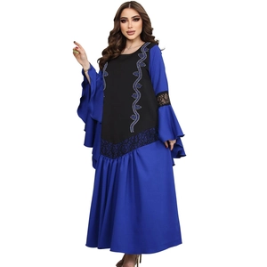 Elegant royal blue Kaftan dress with lace flared sleeves and embroidery detailing