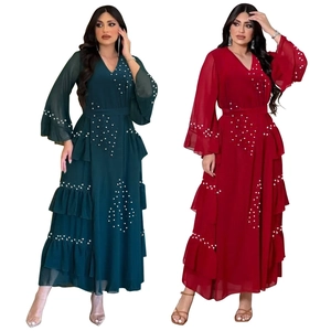 Elegant chiffon long dress with beaded pearls, V-neck, and ruffled hem in red and green