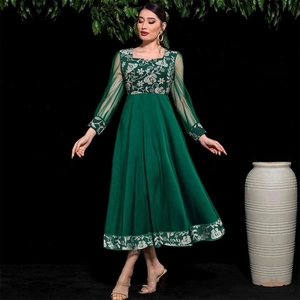 Women Elegant Green Kaftan Dress Floral Embroidery Mesh Long Sleeve Square Neck A-Line Party Evening Maxi Dress Long Robe