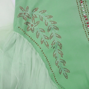 Detailed embroidery with red rhinestones and silver beads on mint green mesh dress