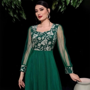 Elegant emerald green kaftan dress with floral embroidery and mesh long sleeves