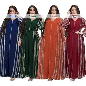 Detail showing loose striped sequin kaftan robes in blue, green, orange and wine red