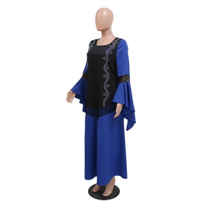 Detail of blue and black Kaftan dress with sequins and elegant lace flare sleeves