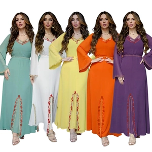 Robe Longue Élégante en Mousseline Strass pour Femmes Col V Manches Évasées Kaftan Ethnique Abaya avec Ceinture