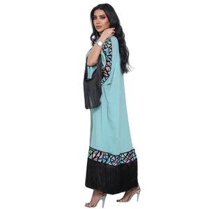 Mint green loose maxi abaya dress with black long tassels and geometric sequin detailing