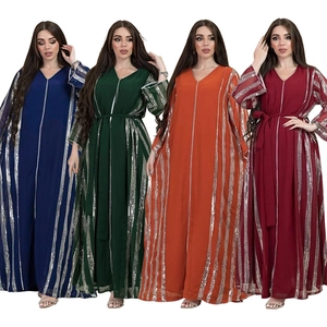 Elegant striped sequin chiffon kaftan in blue, green, orange, and wine red with waist belt