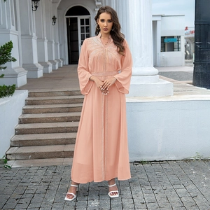 Elegant peach chiffon kaftan dress with gold bead embroidery and waist belt
