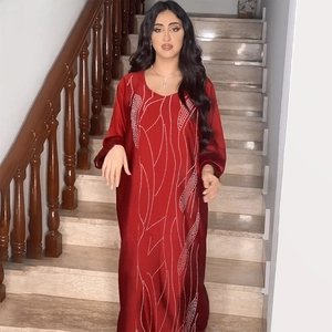 Elegant red satin maxi dress with sparkling rhinestone wave patterns and loose fit