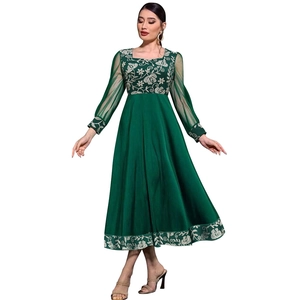 Dark green kaftan dress featuring floral embroidery and sheer long sleeves on white background