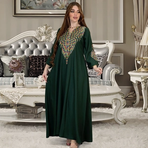 Elegant dark green long abaya dress with colorful embroidery on chest and sleeves