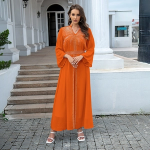Elegant orange chiffon kaftan maxi dress with silver rhinestone patterns and V-neckline