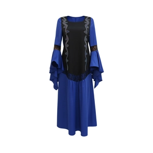 Detail of rhinestone wave patterns and layered lace flare sleeves on kaftan dress