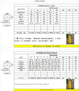 Tableau des tailles pour robe kaftan de soirée en tulle avec mesures en pouces et cm