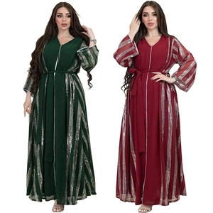 Detail of elegant sequined stripe patterns on long-sleeved Abaya dresses in green and burgundy