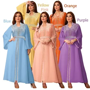 Elegant chiffon kaftan dress with gold rhinestones in blue, yellow, pink, orange, purple