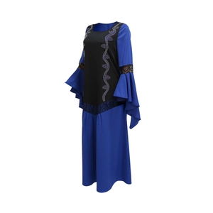 Detail of royal blue kaftan dress showing lace ruffle sleeves and rhinestone accents