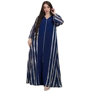 Detailed view of silver sequin stripe pattern on a navy blue chiffon kaftan robe