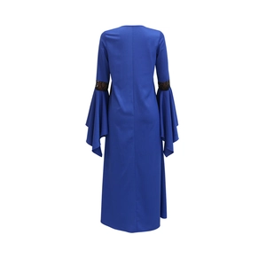 Detail view of royal blue kaftan maxi dress with bell sleeves and black lace trim on back