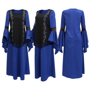 Three-way view of blue kaftan dress with rhinestone patterns and lace bell sleeves