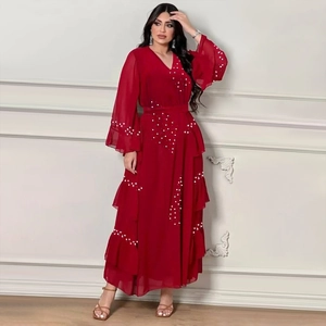 Elegant red chiffon maxi dress with V-neck, bell sleeves and pearl bead embellishments