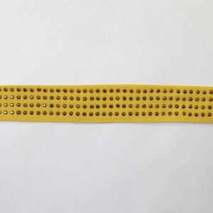 Detail of yellow mesh dress trim with four rows of golden rhinestones and beads