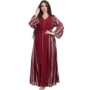 Detail of burgundy striped sequin chiffon kaftan with elegant V-neck and beaded long sleeves