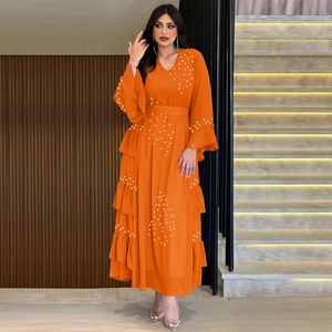 Elegant orange chiffon maxi dress with beadwork, V-neck, and tiered ruffled skirt