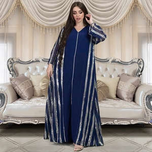 Women Muslim Abaya Kaftan Maxi Dress Sequin Striped Chiffon Long Sleeve V Neck Loose Robe Islamic Party Evening Dress