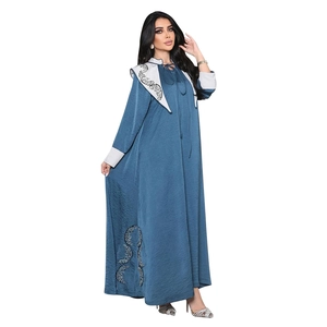 Navy blue Jalabiya dress with contrasting grey lapels and delicate embroidery detail