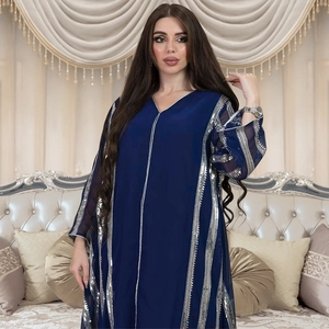 Detail of navy blue chiffon kaftan dress with vertical silver sequin stripe embellishments