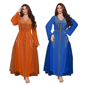 Robe Longue Abaya Caftan Musulmane Élégante pour Femme avec Broderie de Strass et Maille Manches Longues Col en V Orange