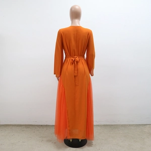Back view of orange mesh dress featuring delicate long sleeves and waist tie detail