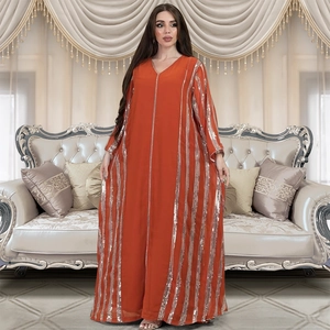 Elegant orange striped sequin abaya maxi dress with loose long sleeves and V-neck design