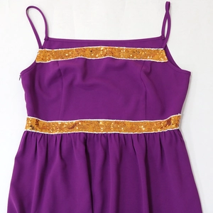 Dettaglio vestito in chiffon viola con bande di paillettes gialle e pizzo