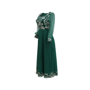 Detailed embroidery on dark green mesh kaftan dress with long sleeves and maxi length
