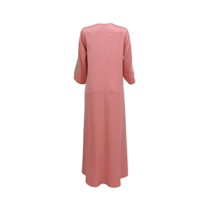 Detailed back view of pink long sleeve maxi robe dress with sequin embroidery on cuffs