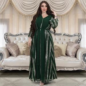 Elegant dark green chiffon abaya with silver sequin stripes and waist tie design