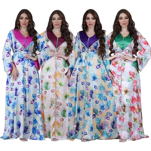 Women Kaftan Abaya Long Sleeve Floral Print V Neck Satin Style Maxi Dress With Beads Ethnic Middle East Party Gown