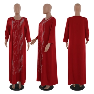 Three-view layout of a loose red maxi dress with sparkling white sequin wave patterns