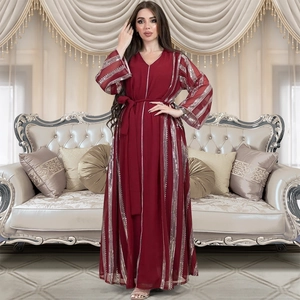Elegant dark red long sleeve Abaya with shimmering silver sequin stripes and V-neck