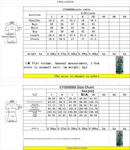 Size chart for printed fishtail kaftan dress with measurements in inches and cm