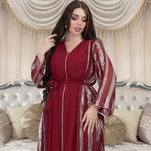 Detailed view of dark red chiffon abaya with vertical silver sequins and waist tie ribbon