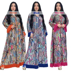 Robes longues à imprimé floral et franges en bas, couleurs orange, bleu et rose fuchsia