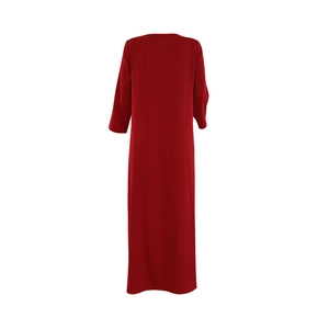 Rear view of long sleeve dark red maxi dress showing loose fit and soft fabric drape